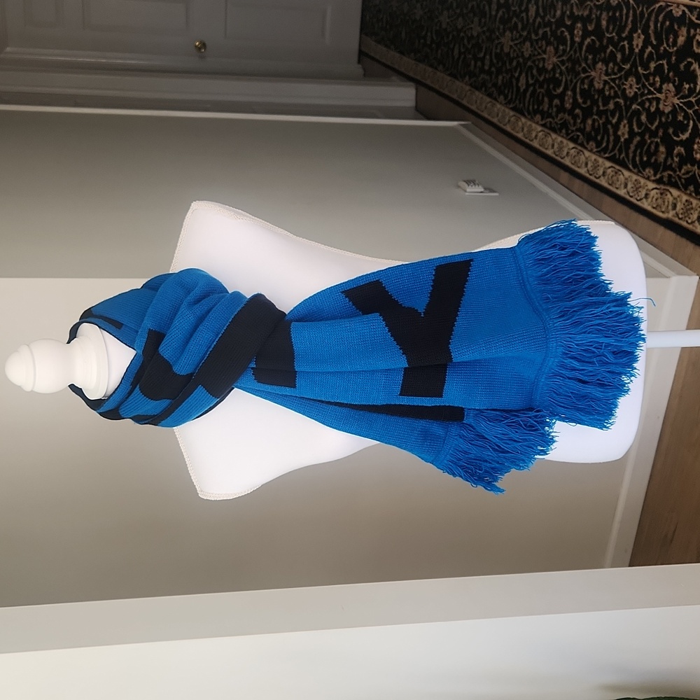 DKNY Womens BOLD Logo Fringe Scarf Wrap Black Blue One Size - Picture 6 of 12